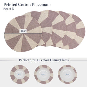 The Fine Living Co. Pinwheel Printed Cotton Braided Placemats (Set of 6 13.5 Inches) Washable Anti Slip Heat Resistant Mats Boho Woven Round Table Mats for House Decor Kitchen and Dining