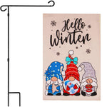 Load image into Gallery viewer, G128 Combo Pack: Garden Flag Stand Black 36 in x 16 in &amp; Garden Flag Hello Winter Decoration Three Cozy Gnomes 12x18 DoubleSided Burlap Fabric