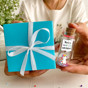 Unique Birthday Gifts for Him and Her Cute and Funny Bday Presents for Men and Women Gift for Mom Dad Family (Rainbow Unicorn Have a Magical Birthday Message Bottle in Teal Gift Box)