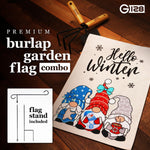 Load image into Gallery viewer, G128 Combo Pack: Garden Flag Stand Black 36 in x 16 in &amp; Garden Flag Hello Winter Decoration Three Cozy Gnomes 12x18 DoubleSided Burlap Fabric