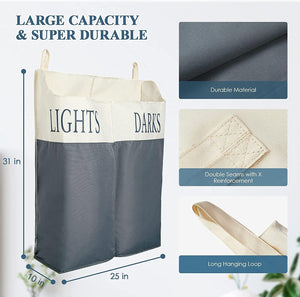 The Fine Living Co. X Large Two Compartments Hanging Laundry Hamper with Over Door Hooks Durable Space Saving Laundry Bag Storage with Bottom Zipper Wide Open Top Dark Light Compartment(25 x10 x31 )