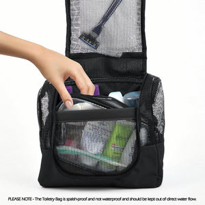 The Fine Living Co. Portable Hanging Shower Caddy Organizer Bag (Free Toiletries Case Metal Hook) Quick Dry Mesh Shower Caddy Tote Bag Pouch For Bathroom College Dorm Camp Gym Camping 10”x4”x8”(Black)