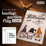 Load image into Gallery viewer, G128 Combo Pack: Garden Flag Stand Black 36 in x 16 in &amp; Garden Flag Happy Halloween Decoration Three Gnomes Spider Web 12x18 DoubleSided Burlap Fabric