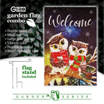 Load image into Gallery viewer, G128 Combo Pack: Garden Flag Stand Black 36 in x 16 in &amp; Garden Flag Winter Decoration Cozy Owls with Scarves 12x18 DoubleSided Blockout Fabric