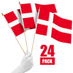 Load image into Gallery viewer, G128 24 Pack Handheld Denmark Danish Stick Flags  12x18 In  Printed 150D Polyester, Country Flag, Solid Wooden Stick, Spear Gold Tip