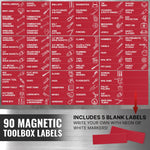 Load image into Gallery viewer, 90 Pcs Magnetic Tool Box Labels 3.5x1 inch Red Magnetic Toolbox Labels for Tool Box Drawers Strong Magnet Toolbox Organizer Chest Pre Printed &amp; Blanked Emblems for Organization Toolbox Emblems