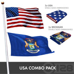 Load image into Gallery viewer, G128 Combo Pack: USA American Flag 3x5 Ft Embroidered Stars &amp; Michigan State Flag 3x5 Ft Embroidered Double Sided 2ply