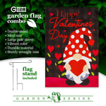 Load image into Gallery viewer, G128 Combo Pack: Garden Flag Stand Black 36 in x 16 in &amp; Garden Flag Happy Valentine's Day Decoration Gnome Holding Red Heart 12x18 Blockout Fabric