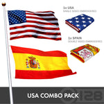Load image into Gallery viewer, G128 Combo Pack: USA American Flag 3x5 Ft Embroidered Stars &amp; Spain (Spanish) Flag 3x5 Ft Doublesided Embroidered 210D