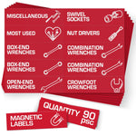 Load image into Gallery viewer, 90 Pcs Magnetic Tool Box Labels 3.5x1 inch Red Magnetic Toolbox Labels for Tool Box Drawers Strong Magnet Toolbox Organizer Chest Pre Printed &amp; Blanked Emblems for Organization Toolbox Emblems