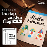 Load image into Gallery viewer, G128 Combo Pack: Garden Flag Stand Black 36 in x 16 in &amp; Garden Flag Hello Summer Decoration Three BeachReady Gnomes 12x18 DoubleSided Burlap Fabric