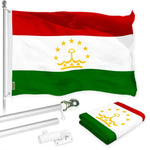 Load image into Gallery viewer, G128 Combo Pack: 6 Ft Tangle Free Spinning Flagpole (Silver) &amp; Tajikistan Flag 3x5 Ft Printed 150D Polyester, Brass Grommets (Flag Included) Aluminum Flag Pole