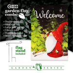 Load image into Gallery viewer, G128 Combo Pack: Garden Flag Stand Black 36 in x 16 in &amp; Garden Flag Winter Decoration Welcome Festive Gnome with Lantern 12x18 DoubleSided Blockout Fabric