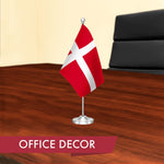 Load image into Gallery viewer, G128 Denmark Danish Deluxe Desk Flag Set  8.5x5.5 In  Printed 300D Polyester, with Silver Dome and Base, 15 Metal Pole, Decorations For Office, Home and Festival Events Celebration