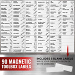 Load image into Gallery viewer, 90 Pcs Magnetic Tool Box Labels 3.5x1 inch White Magnetic Toolbox Labels for Tool Box Drawers Strong Magnet Toolbox Organizer Chest Pre Printed &amp; Blanked Emblems for Organization Toolbox Emblems