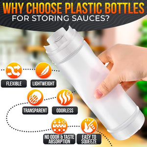 Set of 6 Condiment Squeeze Bottles for Sauces 16 oz – Self Closing Valve Easy to Fill Clear Design  Ready to Dispense for Dressings Condiments and Sauces  Durable and Convenient