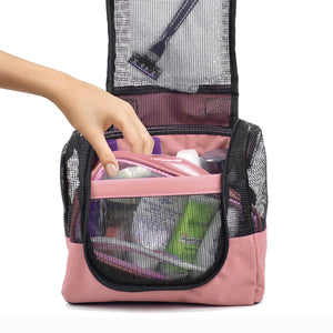 The Fine Living Co. USA Portable Hanging Shower Caddy Organizer with 1 Free Toiletries Case Quick Dry Mesh Shower Caddy Tote Bag Included 1 Metal Hook Perfect for Dorm Camp Travel Gym Pink