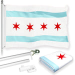Load image into Gallery viewer, G128 Combo Pack: 6 Feet Tangle Free Spinning Flagpole (Silver) Chicago City Flag 3x5 ft Printed 150D Brass Grommets (Flag Included) Aluminum Flag Pole