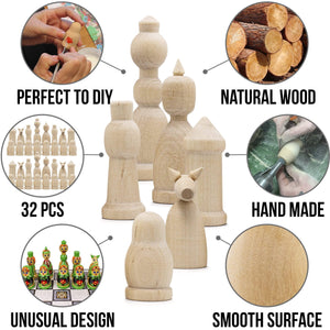 Unfinished Wood Chess Pieces Only Set of 32 pcs Paint Your Own Chess Set DIY Kit