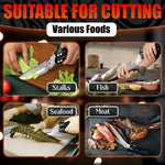 Load image into Gallery viewer, 4 in 1 Multi Use Kitchen Shears for Food Heavy Duty Sharp Seafood Fish Turkey Chicken Shears with Non Slip Metal Handle Micro Serrated Blades Spring Loaded Safety Lock Bone Scissors Black