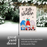 Load image into Gallery viewer, G128 Combo Pack: Garden Flag Stand Black 36 in x 16 in &amp; Garden Flag Hello Winter Decoration Three Cozy Gnomes 12x18 DoubleSided Burlap Fabric