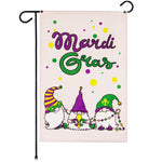 Load image into Gallery viewer, G128 Garden Flag Mardi Gras Three Gnomes 12x18 Burlap Fabric