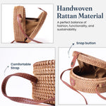 Load image into Gallery viewer, Handmade Rattan Round Purse with Leather Strap Woven Crossbody bags for Women Brown Tan Wicker Boho Straw Bags for Women Trendy Vacation Purse for Travel &amp; Casual Outfits Gift for Her Sustainable Stylish Natural Rattan