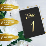 Load image into Gallery viewer, Black Table Numbers 1 30 for Wedding Reception with Gold Foil Table Number Cards 4x6 with Head &amp; Gift Table Restaurant Table Numbers Wedding Numbers for Tables Card Stock Wedding Table Numbers