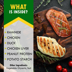 Triple Flavor Dog Rawhide Treats Duck & Chicken Human Grade Meat Natural & Organic Pet Dried Snacks Grain Free Long Lasting Chews for Large & Small Dogs Best Sticks for Healthy Teeth
