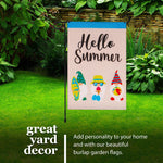 Load image into Gallery viewer, G128 Combo Pack: Garden Flag Stand Black 36 in x 16 in &amp; Garden Flag Hello Summer Decoration Three BeachReady Gnomes 12x18 DoubleSided Burlap Fabric