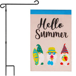 Load image into Gallery viewer, G128 Combo Pack: Garden Flag Stand Black 36 in x 16 in &amp; Garden Flag Hello Summer Decoration Three BeachReady Gnomes 12x18 DoubleSided Burlap Fabric