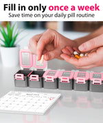 Load image into Gallery viewer, Weekly Pill Organizer 1 time a Day Pill Box 7 Day with Enhanced Waterproof Seal Pink Large compartments Hold Big Vitamins &amp; Supplements Upgraded Locking lids for Home &amp; Travel use Durable Hard case
