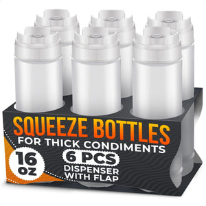 Set of 6 Condiment Squeeze Bottles for Sauces 16 oz – Self Closing Valve Easy to Fill Clear Design  Ready to Dispense for Dressings Condiments and Sauces  Durable and Convenient