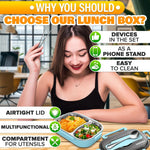 Load image into Gallery viewer, 48.5 Oz Stainless Steel Bento Box Adult with Phone Stand – Reusable Stainless Steel Lunch Box for Hot Food with Durable Plastic &amp; Soft Rubber Cover – Insulated Lunch Containers with Spoon &amp; Chopsticks
