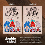 Load image into Gallery viewer, G128 Combo Pack: Garden Flag Stand Black 36 in x 16 in &amp; Garden Flag Hello Winter Decoration Three Cozy Gnomes 12x18 DoubleSided Burlap Fabric