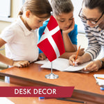 Load image into Gallery viewer, G128 Denmark Danish Deluxe Desk Flag Set  8.5x5.5 In  Printed 300D Polyester, with Silver Dome and Base, 15 Metal Pole, Decorations For Office, Home and Festival Events Celebration