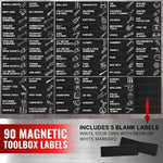 Load image into Gallery viewer, 90 Pcs Magnetic Tool Box Labels 35x1 inch Magnetic Toolbox Labels for Tool Box Dwawers Strong Magnet Toolbox Organizer Chest Black Pre Printed &amp; Blanked Emblems for Organization