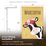 Load image into Gallery viewer, G128 Combo Pack: Garden Flag Stand Black 36 in x 16 in &amp; Garden Flag Spring Decoration Welcome Cow with Flowers 12x18 DoubleSided Burlap Fabric