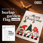 Load image into Gallery viewer, G128 Combo Pack: Garden Flag Stand Black 36 in x 16 in &amp; Garden Flag Merry Christmas Decoration Three Festive Gnomes 12x18 DoubleSided Burlap Fabric