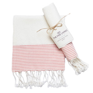 The Fine Living Co. Turkish Hand Towels Set of 2  100% Cotton Kitchen and Bathroom Hand Towels Decorative Hand Towels for Bath Guest Face Hair Tea Dishcloth 40”x18” (White & red)