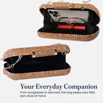 Load image into Gallery viewer, Fine Living Straw Clutch Purse for Women – Hand Woven Crossbody Bag Women's Shoulder Handbags with 2 detachable chains Raffia Wicker Rattan Evening Bag for Winter Wedding Vacation &amp; Casual Outfits  Sustainable Stylish