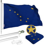 Load image into Gallery viewer, G128 Combo Pack: 5 Ft Tangle Free Spinning Flagpole (Silver) &amp; Alaska Flag 2.5x4 Ft Embroidered 220GSM Spun Polyester, Brass Grommets (Flag Included) Aluminum Flag Pole