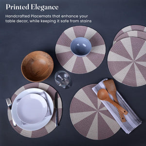 The Fine Living Co. Pinwheel Printed Cotton Braided Placemats (Set of 6 13.5 Inches) Washable Anti Slip Heat Resistant Mats Boho Woven Round Table Mats for House Decor Kitchen and Dining