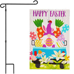 Load image into Gallery viewer, G128 Combo Pack: Garden Flag Stand Black 36 in x 16 in &amp; Garden Flag Happy Easter Decoration Rabbit Gnome in Truck 12x18 DoubleSided Blockout Fabric