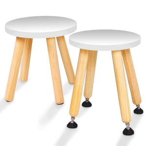 Wooden Step Stool for Kids and Toddlers Set of 2 White Extendable Legs Kids Chair Sensory Table Stool Children's Round Sitting Stool with Leveling Feet and Anti Slip Pads