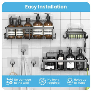 Shower Caddy 3 Pack Shower Organizer with 20 Hooks 3 Adhesive Hooks Large Steel