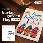 Load image into Gallery viewer, G128 Combo Pack: Garden Flag Stand Black 36 in x 16 in &amp; Garden Flag Happy Father's Day Decoration Three Gnome Fathers 12x18 DoubleSided Burlap Fabric
