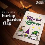 Load image into Gallery viewer, G128 Garden Flag Mardi Gras Three Gnomes 12x18 Burlap Fabric