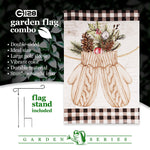 Load image into Gallery viewer, G128 Combo Pack: Garden Flag Stand Black 36 in x 16 in &amp; Garden Flag Winter Decoration Mittens with Evergreen Arrangement 12x18 DoubleSided Blockout Fabric