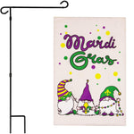 Load image into Gallery viewer, G128 Combo Pack: Garden Flag Stand Black 36 in x 16 in &amp; Garden Flag Mardi Gras Decoration Three Gnomes 12x18 DoubleSided Burlap Fabric